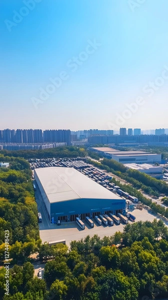 Fototapeta Aerial view of the warehouse building with a blue color and white metal roof
