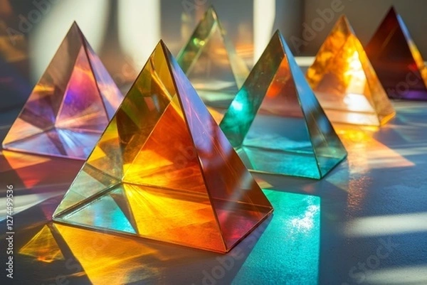 Fototapeta a series of colorful glass pyramids with light reflecting off their surfaces, creating a vibrant display of colors and shadows.