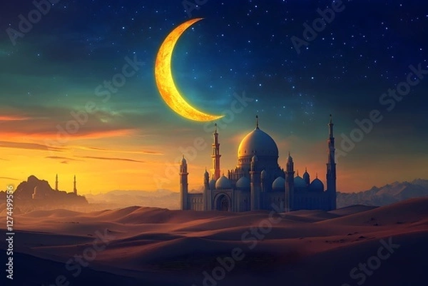 Fototapeta Majestic Mosque at Sunset Under a Crescent Moon and Starry Night Sky
