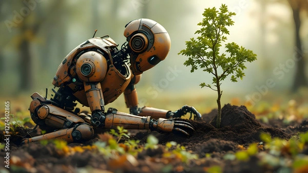 Fototapeta Robot planting a tree
