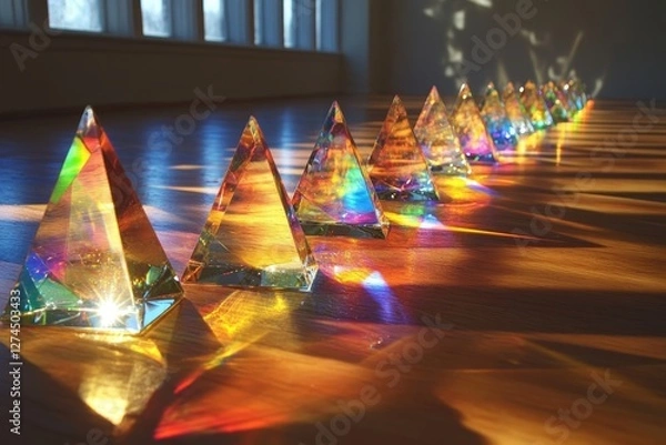 Fototapeta a line of crystal prisms refracting light, creating a beautiful rainbow spectrum and casting colorful shadows on a wooden floor