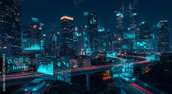 Fototapeta Futuristic Smart Cityscape at Night with Holographic Data Overlays