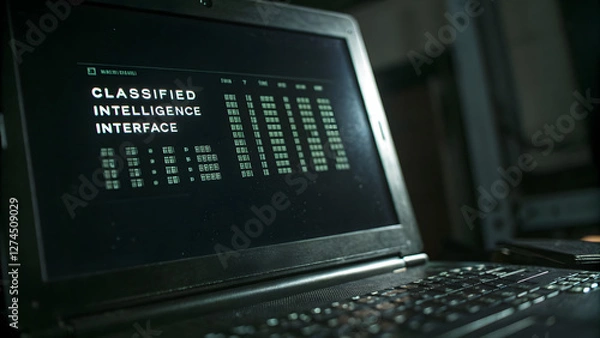 Fototapeta Retro computer with green command screen displaying programming code in a dark room, cyber security concept

