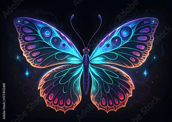 Fototapeta Symmetrical Glowing Butterfly with Intricate Patterns on Dark Background