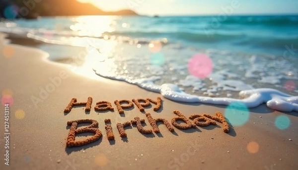 Obraz Happy Birthday Written in the Sand on a Beach