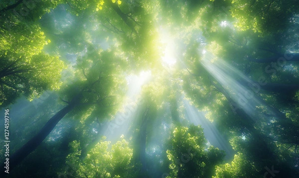 Fototapeta Forest canopy with sun rays piercing through a top view capturing the beauty of nature