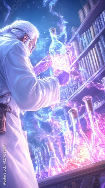 Obraz Scientist conducting experiments with glowing liquids in a magical laboratory