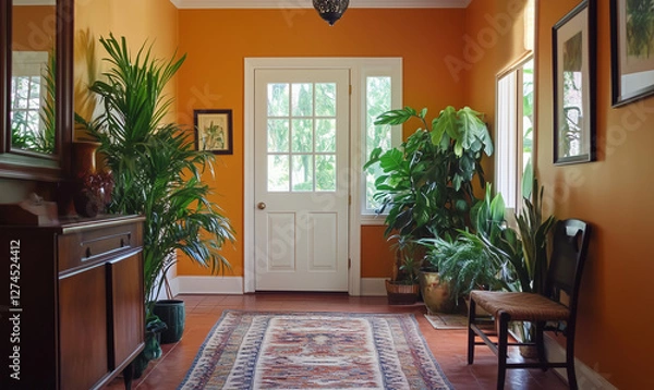 Fototapeta Chic Home with Bold Entryway and Vibrant Plant Life Framing the Bright Space
