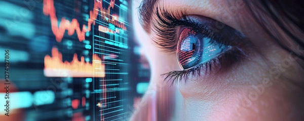 Fototapeta Close-up view of an eye looking at digital financial data.