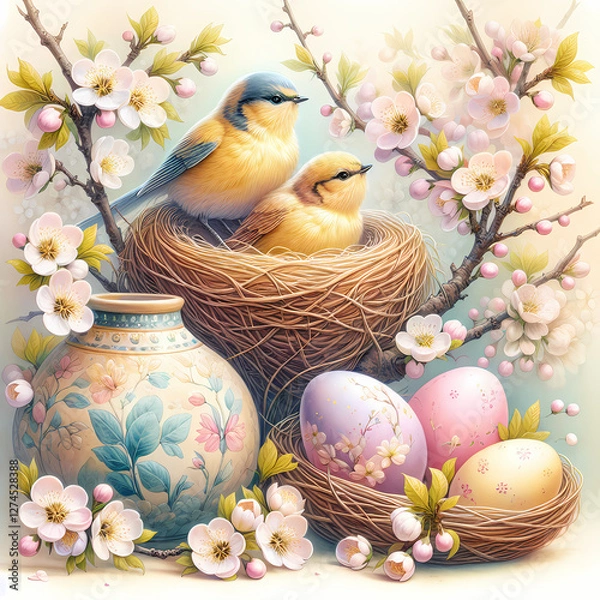 Fototapeta Easter Bird Nest and Spring Blossom