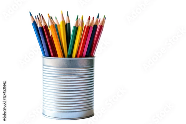 Obraz A vibrant collection of colored pencils in a tin can resting on a minimalist table isolated on transparent background