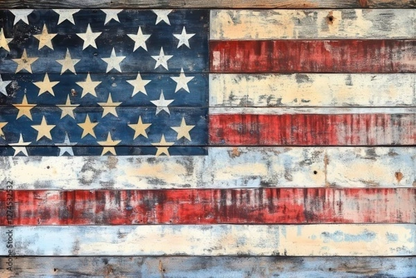 Fototapeta contemporary interpretation of american flag using mixed media, distressed denim textures and metallic accents on weathered wood