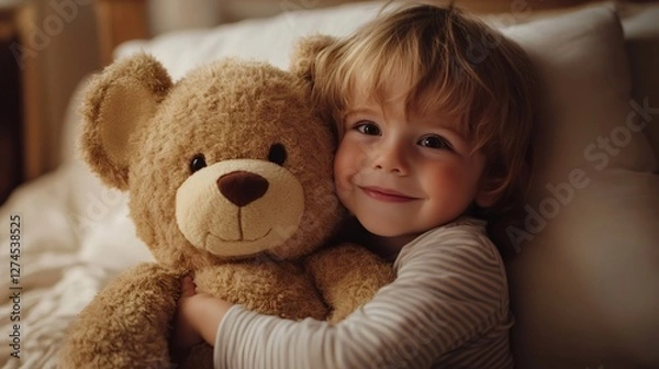 Fototapeta Happy child hugging teddy bear in bed, smiling and feeling safe