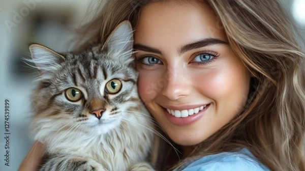Obraz Woman smiling, holding fluffy cat, indoors, blurred background, pet advertisement