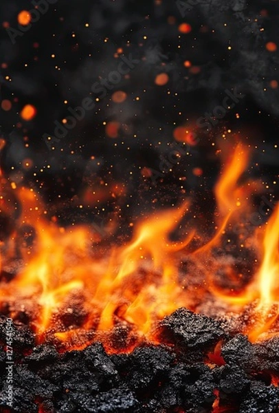 Fototapeta A close-up of a scorching, empty barbecue grill with a bright fire, ember charcoal, and smoke in front of a black background. Ready for your food