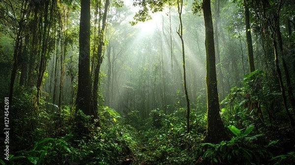 Fototapeta * Trekking through dense rainforest with a local guide.