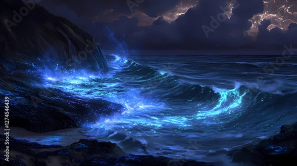 Fototapeta Duskborn waves, an ocean transformed by bioluminescence, glimmers eerily as waves dance in harmony with the tide, creating a mesmerizing nocturnal seascape. Bioluminescent Tidal Pools. Illustration