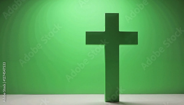 Fototapeta Three-dimensional green cross illuminated softly, symbol of hope