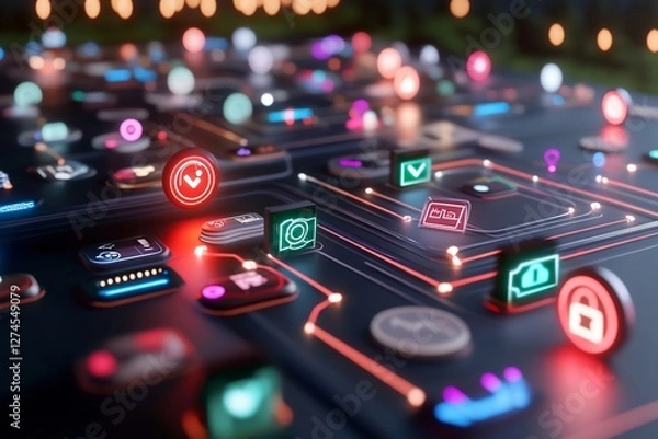 Fototapeta financial flow chart with animated neon rivers