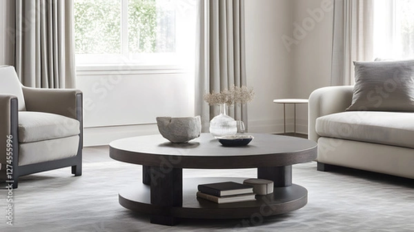 Fototapeta A large, round coffee table with two shelves, books and flowers on top
