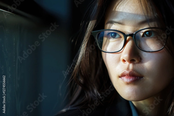 Obraz close up horizontal image of an asian girl looking outside the window, sunlight illuminating her face