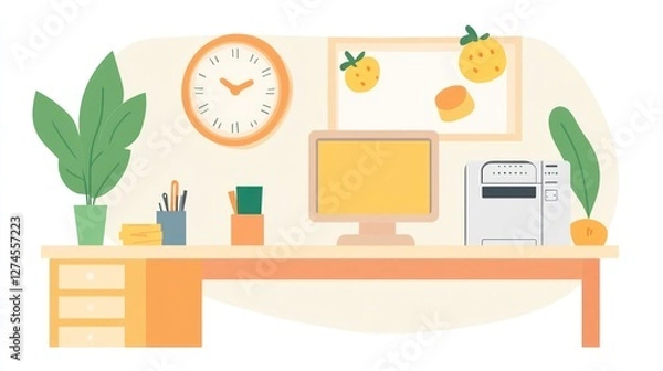 Fototapeta Colorful office desk with plants, clock, and fruits. Suitable for business, productivity, or interior design