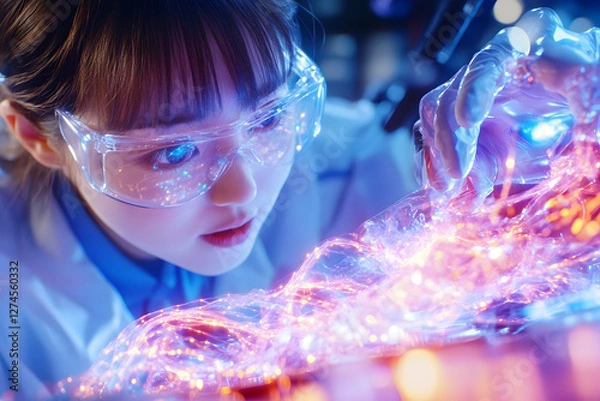 Fototapeta Woman scientist examining glowing fibers in a lab. Possible use science, technology, education
