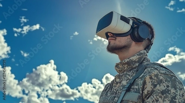 Obraz Modern soldier wearing a VR headset, looking up at the sky, symbolizing futuristic military technology and digital warfare, Generative AI