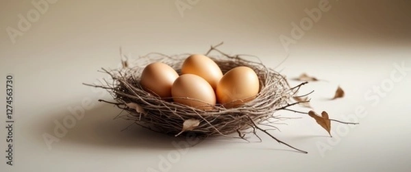 Fototapeta a close up of a nest with four golden eggs in it.