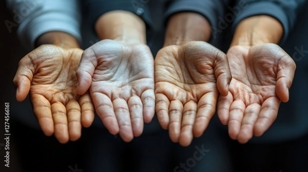 Fototapeta Four Outstretched Hands with Palms Up Close-Up (Gestures, Emotions, Support)