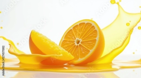 Fototapeta An energetic burst of color as sliced oranges meet a bright yellow wave, symbolizing freshness and vitality.