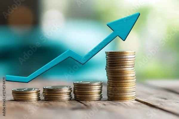 Fototapeta An upward arrow on a background of stacks of coins, representing an intersection between business growth or rising stock prices, with a blue color and financial chart graphs. 