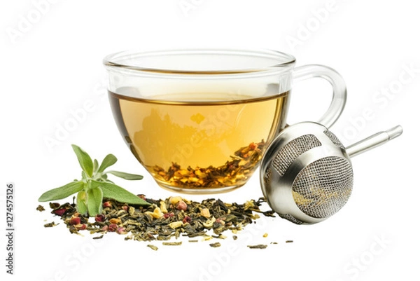 Obraz A warm cup of herbal tea brewed with aromatic leaves on a clean white background isolated on transparent background