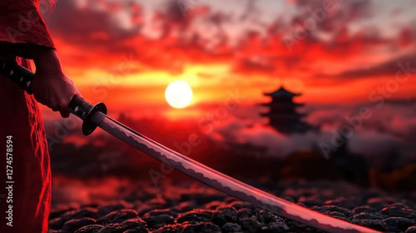 Fototapeta A stunning silhouette of a samurai holding a sword against a vibrant sunset, evoking feelings of honor, peace, and the beauty of nature within a tranquil and majestic landscape.