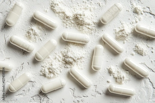 Obraz White pharmaceuticals including capsule pills scattered over a light textured surface with powder, suitable for health and nutrition context