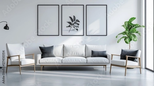 Fototapeta Elegant living room with a velvet sofa, a statement armchair, and art prints on the wall