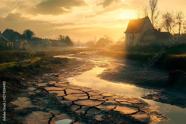 Fototapeta Sunset over a dried river in a quaint village. AI generated