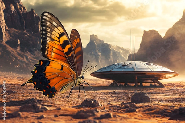 Fototapeta Butterfly by a UFO on Mars. Generative AI