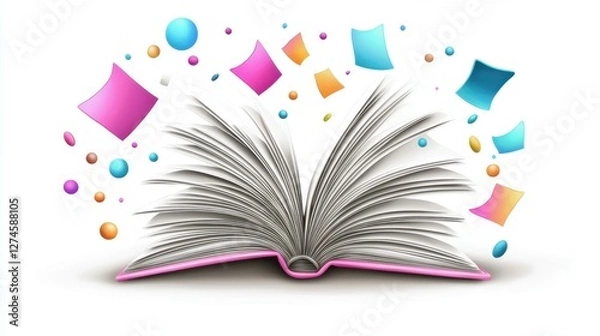 Fototapeta A hand-drawn illustration of an open book with fluttering pages and whimsical, colorful elements around it.