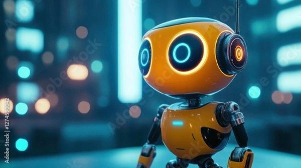 Obraz Cute yellow robot in futuristic city.