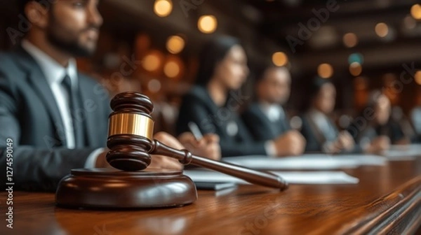 Obraz Courtroom gavel, lawyers listening, legal proceedings