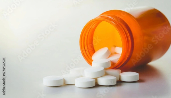 Fototapeta Pills are spilling out of the orange bottle. Medical bottle with white pills on white background, closeup. Space for text. Prescription drugs