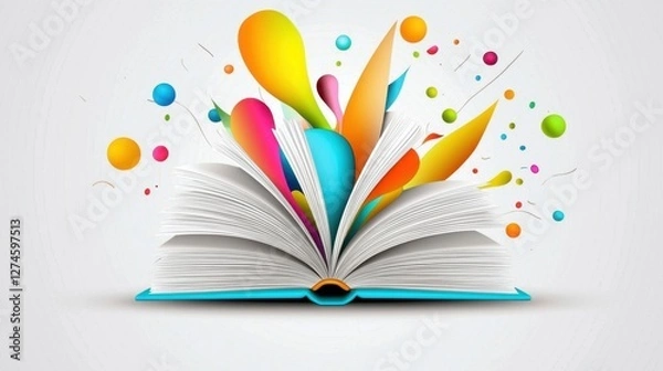 Fototapeta A vector-style design of an open book with colorful pages and abstract shapes emerging from it.