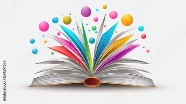Fototapeta A vector-style design of an open book with colorful pages and abstract shapes emerging from it.
