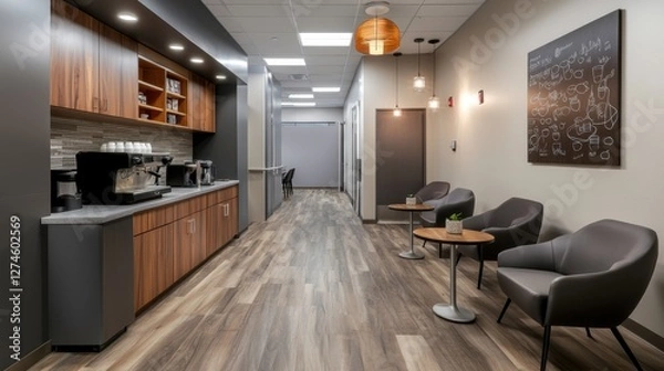 Fototapeta Office breakroom with a coffee station, relaxed seating, and a casual atmosphere