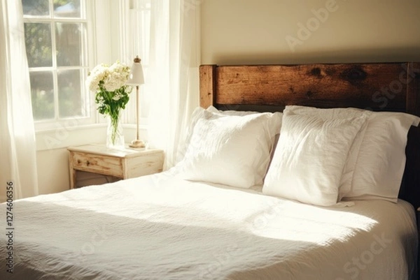 Fototapeta Rustic chic bedroom with reclaimed wood bed frame, light beige walls, and simple white bedding