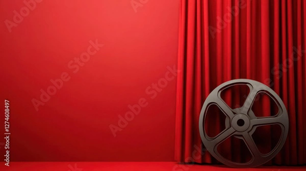 Fototapeta Red curtain backdrop features a vintage film reel and clapperboard providing an ideal setting for showcasing cinematic themes. Perfect for presentations invitations or promotional materials