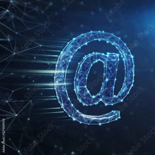 Fototapeta High-tech digital @ email icon on a blue background. email communication, instant messaging, and global connectivity, artificial intelligence in email automation, smart inbox filtering.
