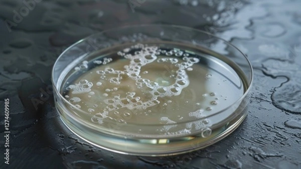 Fototapeta A Petri dish featuring a clear agar surface contains a large circular colony of yeast cells. The colony is well-defined against the surrounding medium indicating healthy growth