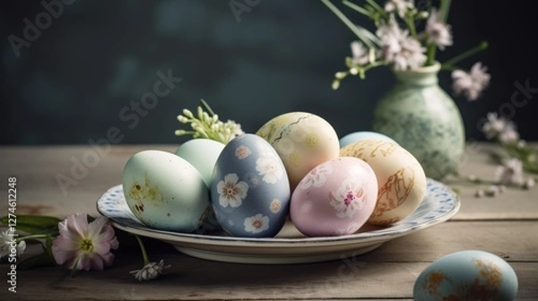 Fototapeta Easter eggs decorated with elegant floral and ornamental patterns. The pastel-colored eggs are carefully arranged on a ceramic plate placed on a rustic wooden table.